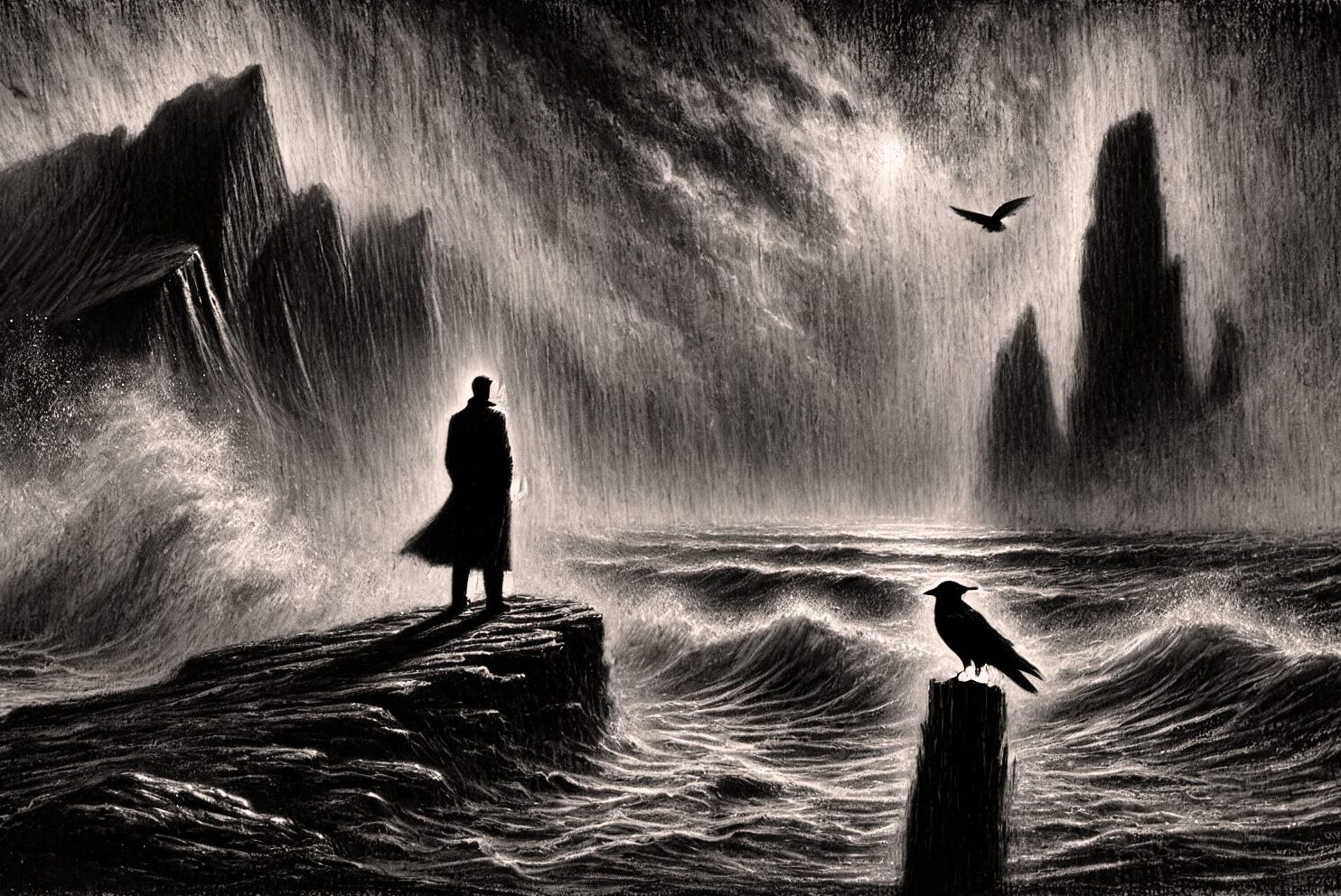 Dark, atmospheric charcoal drawing of a solitary figure in a long coat standing on a rocky cliff, facing a turbulent sea. Sharp rock formations rise from the stormy waters beneath an ominous sky. A raven perches on a wooden post in the foreground, while another bird flies overhead. The dramatic black and white contrast creates a moody, Gothic landscape reminiscent of 19th century Romantic art.
